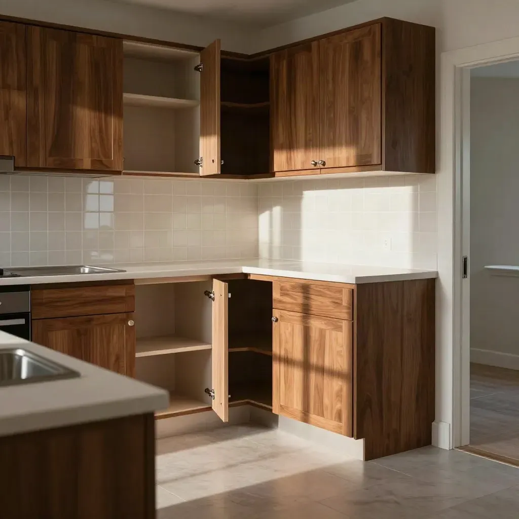 Dapur unit kosong siap serah kunci, kabinet terbuka, lantai berkilau dan cahaya petang lembut.