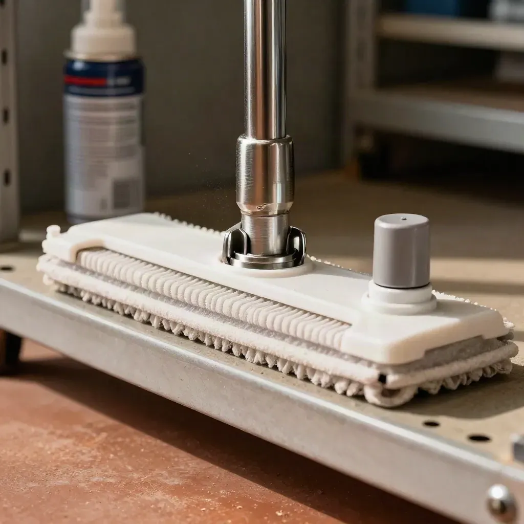 Ferrule mop, pemegang pad gosok dan botol sembur di rak utiliti.