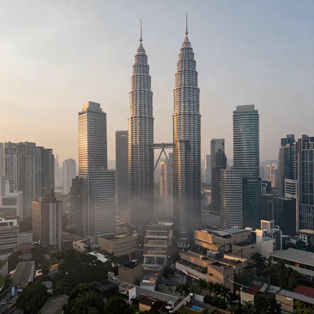 Pemandangan langit Kuala Lumpur dengan Menara Berkembar di atas kabus petang.